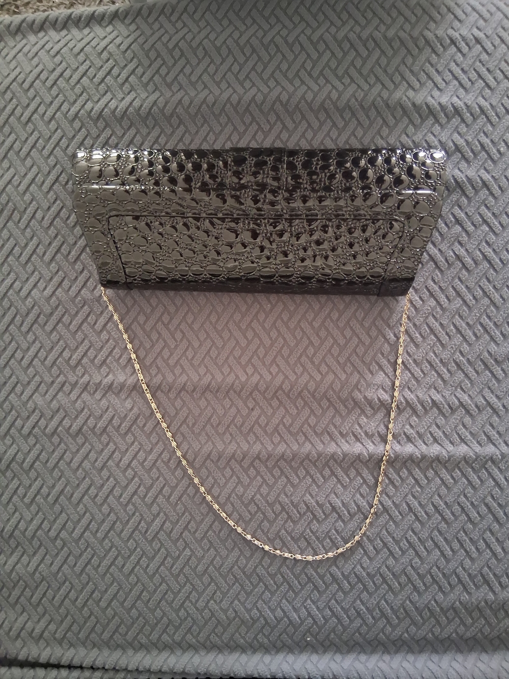 Bijoux Terner Black Croc-Embossed Clutch with Gold Chain